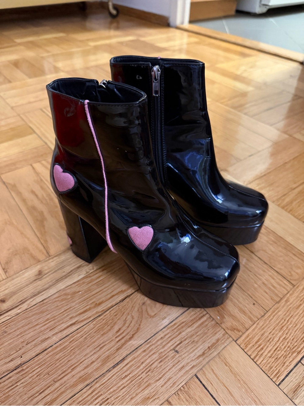 Patent Black Platform Ankle Boots with Pink Heart Accents
